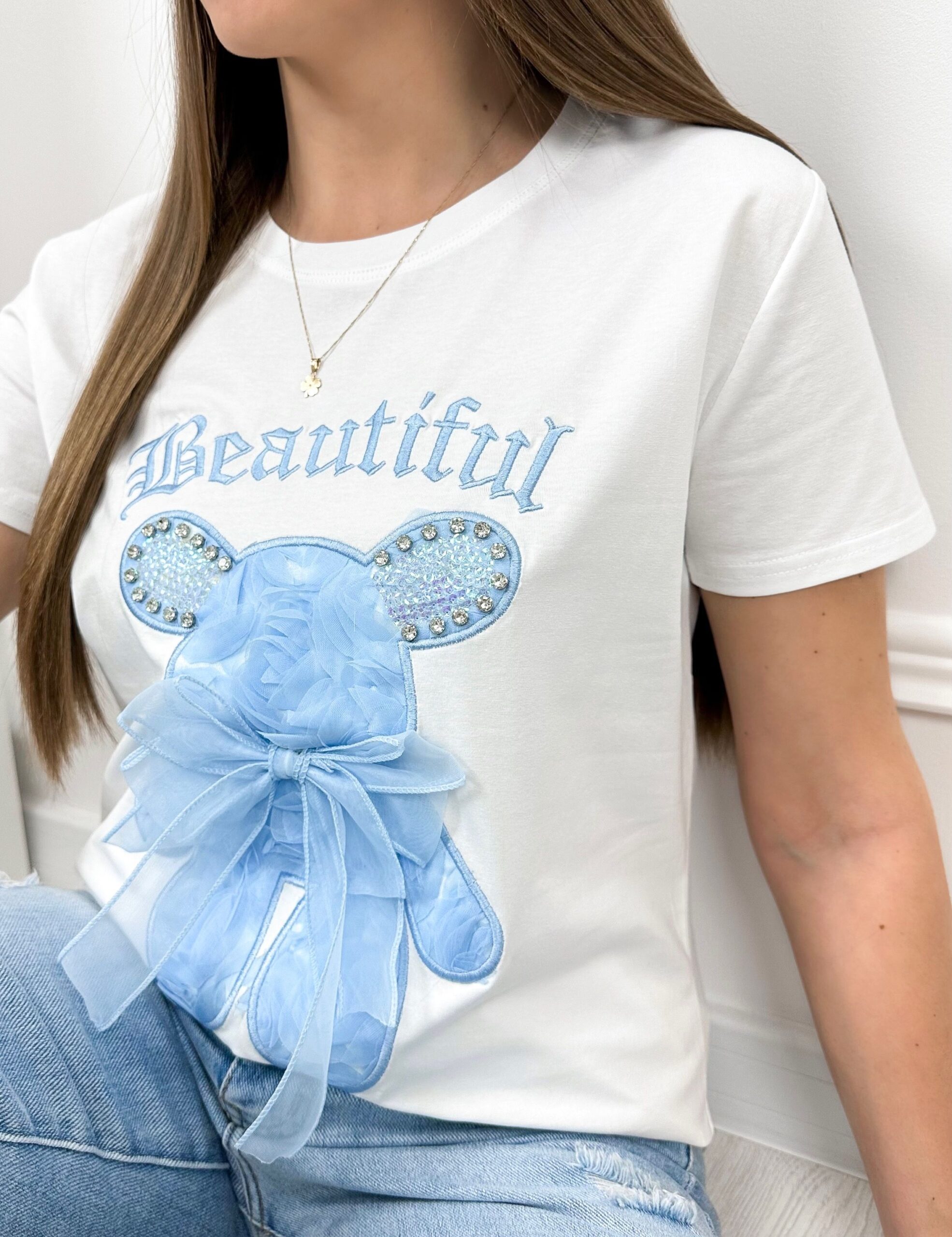 T-shirt Teddy – biały + błękitny