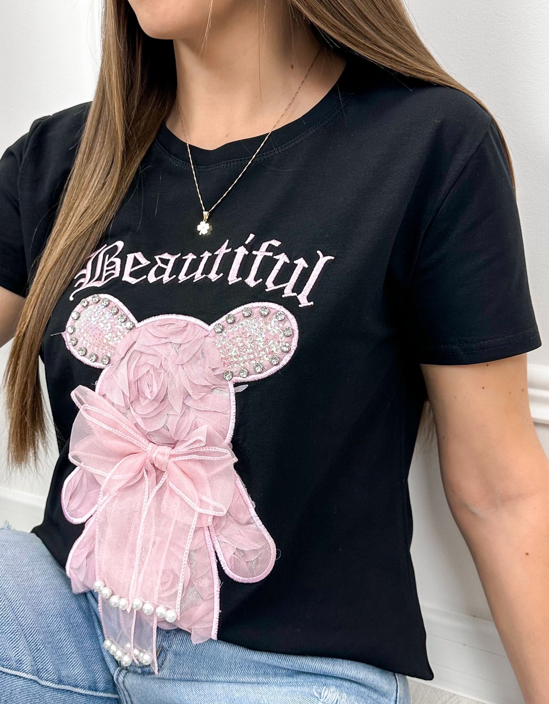 T-shirt Teddy – czarny + różowy